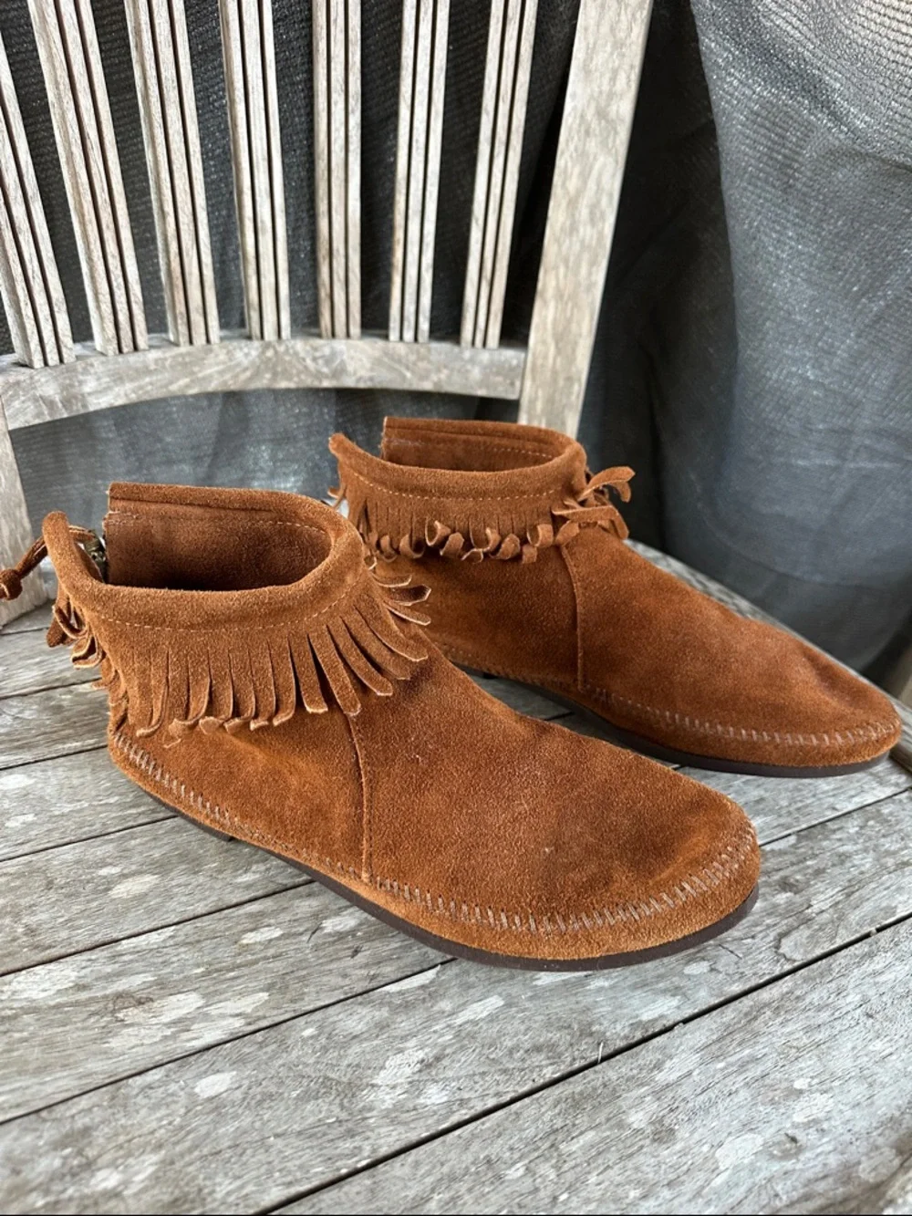 Minnetonka Brown Suede Fringe Ankle Booties 9 - Picture 2 of 14